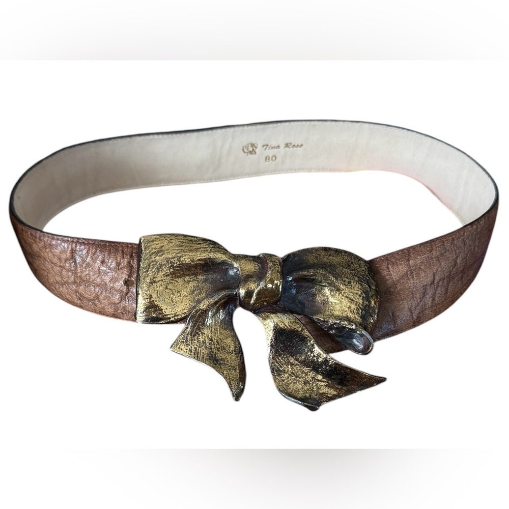 Vintage Tina Rose Elegant Brass and Brown Leather Bow Belt